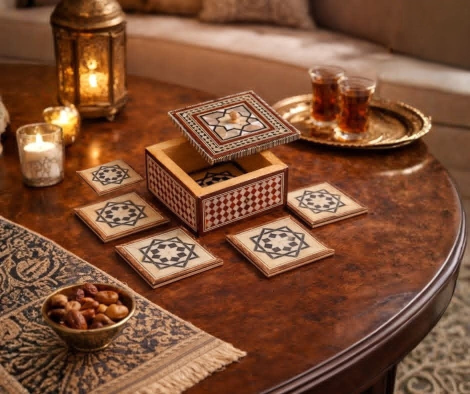 Square-Sided Tea Coaster Box Embellished with Seashells - 6 Pcs -